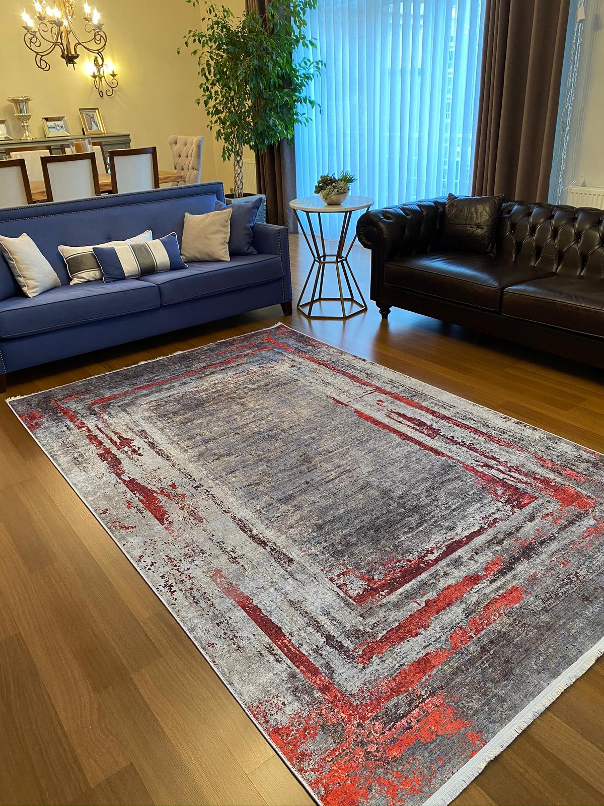 GRİ - KIRMIZI DEKORATİF HALI