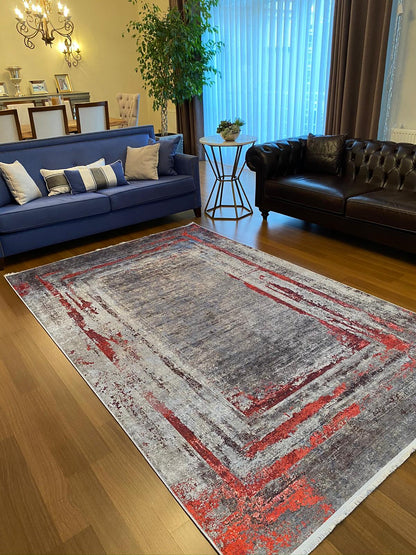 GRİ - KIRMIZI DEKORATİF HALI